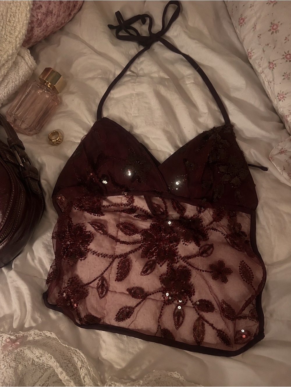 Vintage Y2K Burgundy Sequin Sheer Mesh Lace Halter Cami Top